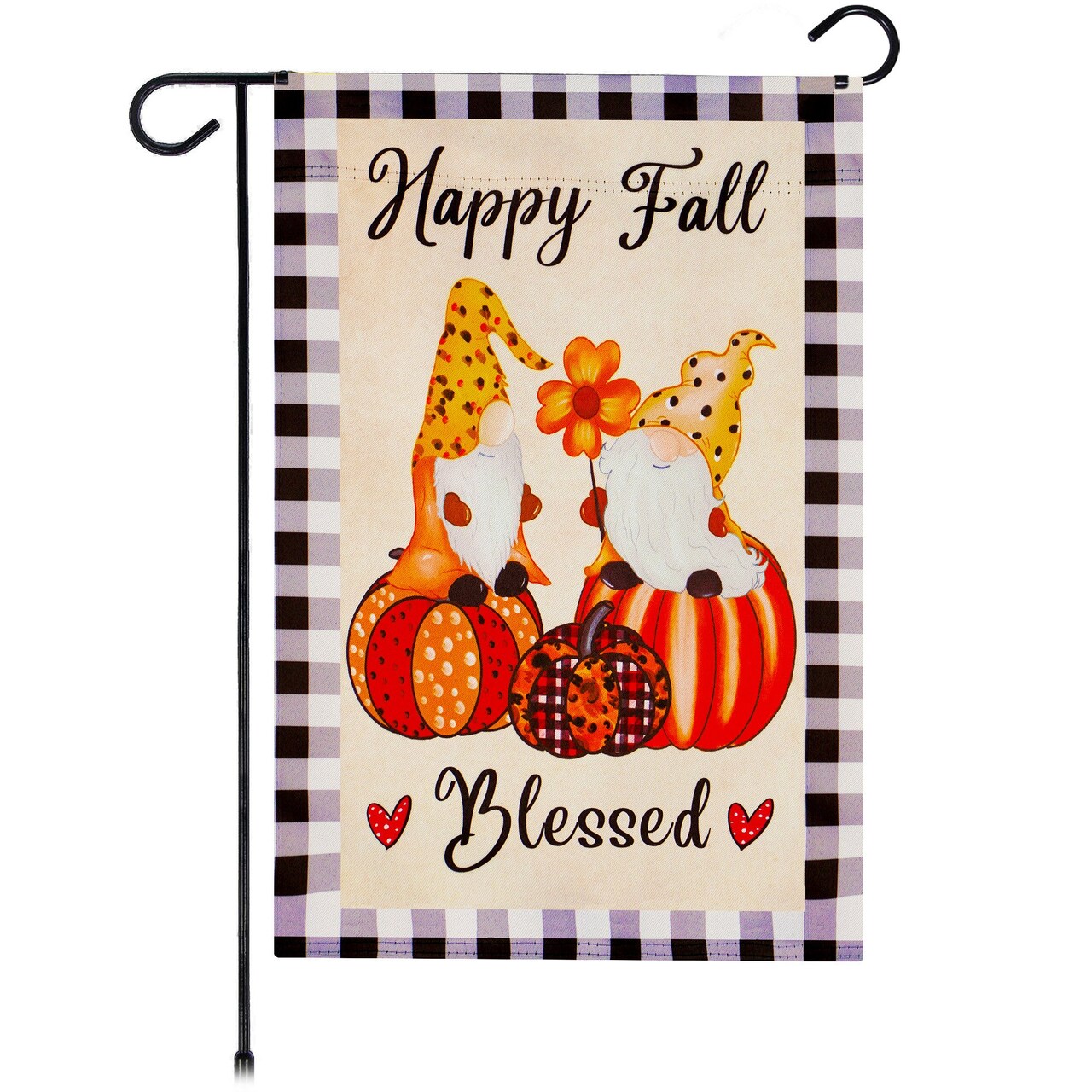 G128 Garden Flag Happy Fall Blessed Two Gnomes Sitting on Pumpkins 12"x18" Blockout Fabric